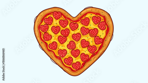 Heart shaped pizza with pepperoni toppings on a white background.