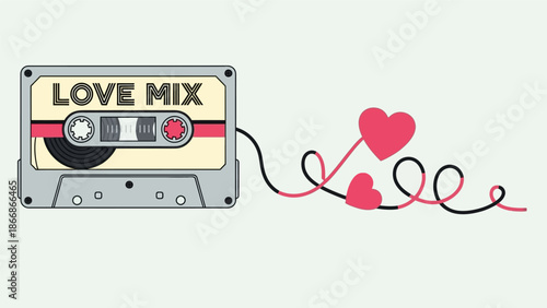 Vintage cassette tape with love mix label and heart shaped wires.