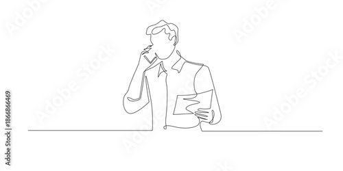 Hand drawn continuous line illustration of a businessman focused on a phone call while reading documents.Single line style representing communication, analysis, and professional work life.