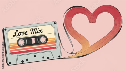 Vintage cassette tape with love mix label and heart shaped ribbon.