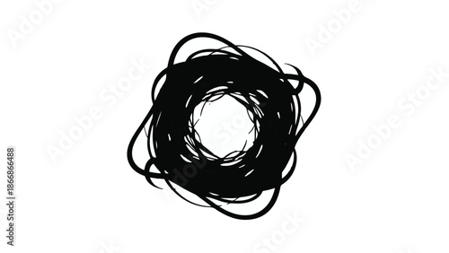 Abstract black swirling ink splatters forming a circular vortex on white background