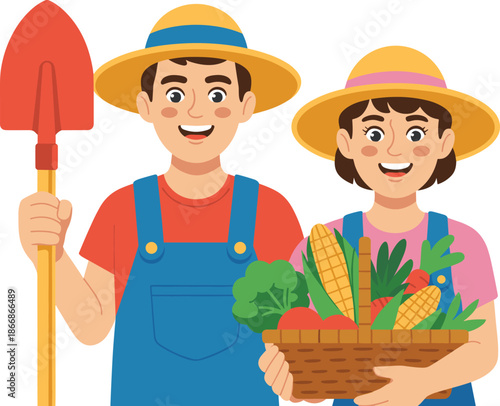 Smiling farmer couple holding fresh vegetables basket, organic farming illustration, harvest season, rural lifestyle, healthy food concept