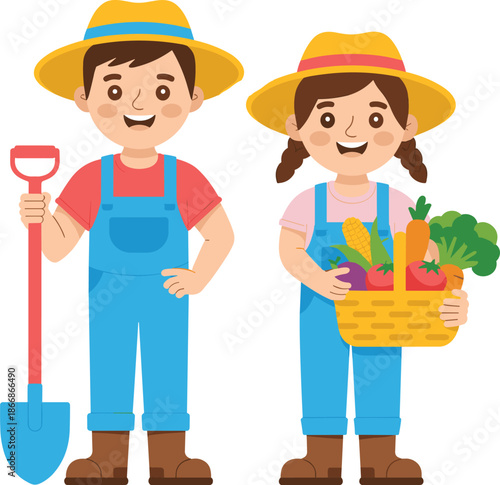Smiling farmer children holding fresh vegetables basket, organic farming illustration, rural lifestyle, harvest season, healthy food concept