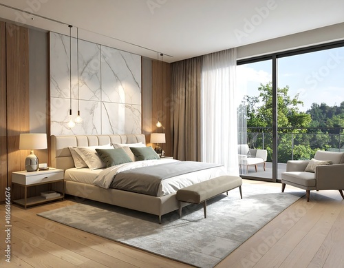 Modern, bright bedroom with a bed, bench, and large window view
