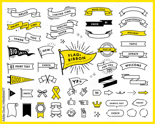 リボンとフラッグを中心とした装飾リボンとフラッグを中心とした装飾デザインセット　矢印と吹き出し入り　フラットデザイン　旗アイコンセット　矢印と吹き出し入り　フラットデザイン　旗