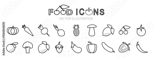 Hand drawn healthy food doodle icon set with fruits, vegetables, and grains in a black and white line art sketch style for nutrition and wellness concepts vector illustration.