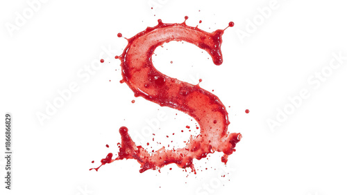 Abstract red blood splash forming the letter S, artistic typography design with splatters, representing creativity and fluidity in visual expression.