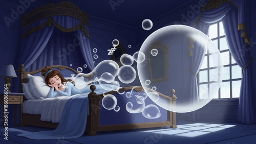 Digital illustration of a young girl lying in bed with bubbles floating above her in a dark blue bedroom with a window