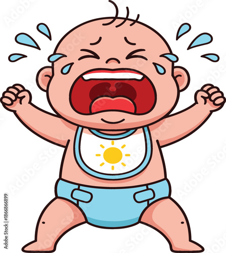 Crying baby boy vector illustration wearing a blue diaper and sun bib showing loud screaming temper tantrum tears and infant distress for parenting childcare concepts