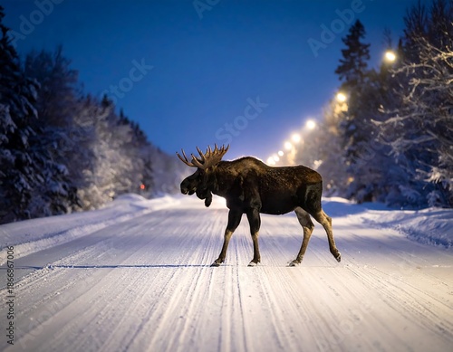Moose crosses snow-covered road under streetlights at dusk