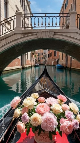 Romantic Venice Gondola Ride Through Turquoise Canal in Spring