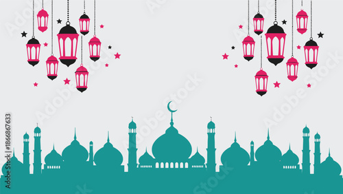 Ramadan vector illustration with mosque silhouette and hanging lanterns for festive design
