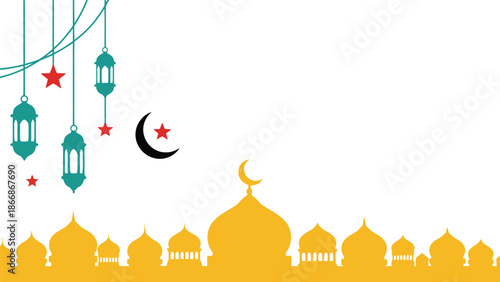 Ramadan vector illustration with mosque silhouette, lanterns, crescent moon and stars