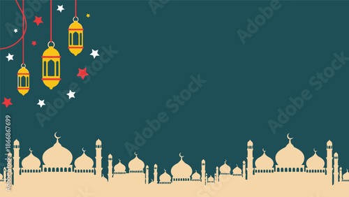 Ramadan vector background with mosque silhouette and hanging lanterns for festive design