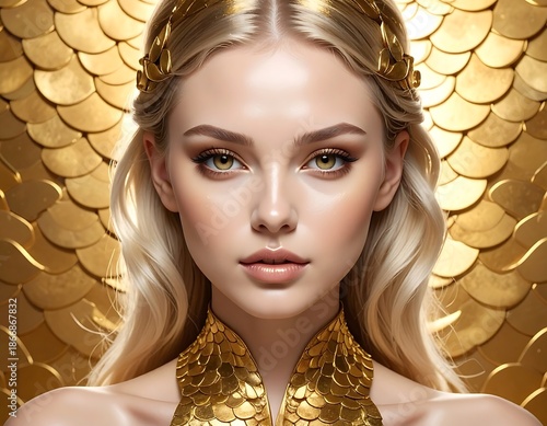 Stunning portrait of a woman with blond hair, golden accents