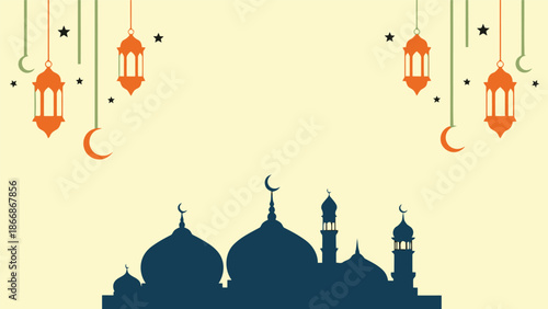 Ramadan vector illustration with mosque silhouette and hanging lanterns on light background