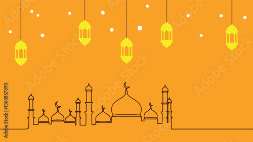 Ramadan vector illustration with mosque silhouette and hanging lanterns on orange background
