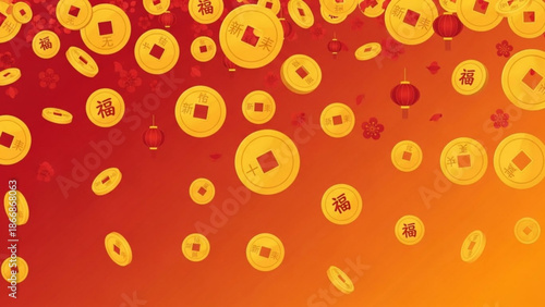A vibrant vector graphic illustration of gold coins and Chinese lanterns on a red and orange gradient background, symbolizing good fortune and prosperity.