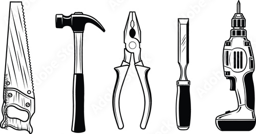 Hand drawn vintage construction tool set including saw, hammer, pliers, chisel, and power drill for carpentry, DIY projects, and workshop equipment.