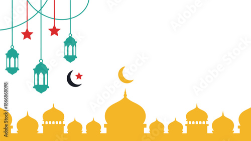 Ramadan vector illustration with mosque silhouette, lanterns, crescent moon and stars