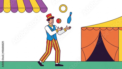 A colorful illustration of a juggler performing at a circus tent with vibrant props and costumes