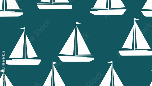 Seamless pattern of white sailboats on teal background.