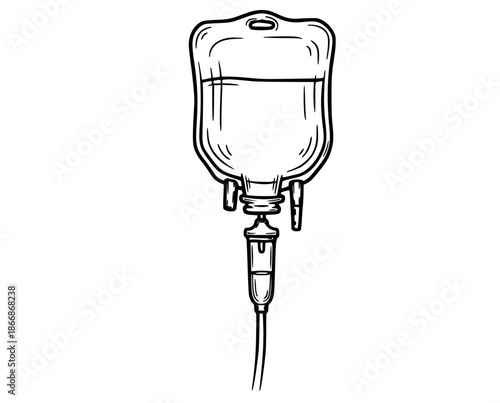 An intravenous iv drip bag and tubing illustration for medical treatment and hydration with hospital and medicine and healthcare and nurse and doctor and infusion