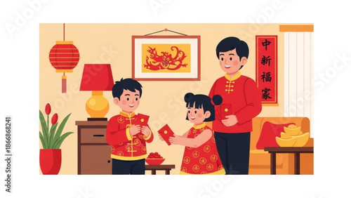 A cartoon family in traditional Chinese clothing celebrating with red envelopes in a cozy living room