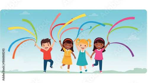 A colorful illustration of four diverse children playing with rainbow ribbons on a sunny day