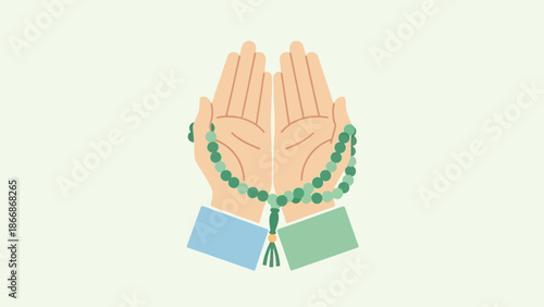 Illustration of praying hands holding a green rosary against a pale background