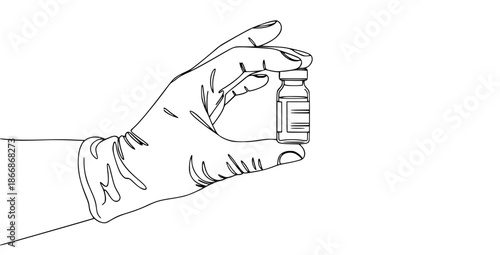 A hand holding a small medicine bottle with a thumb and index finger on a white background in a line art style with healthcare and medical and vaccine and wellness