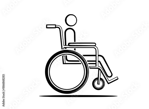 Black line illustration of a person sitting in a wheelchair on a white background with a shadow underneath with disabled and accessibility and disability and mobility