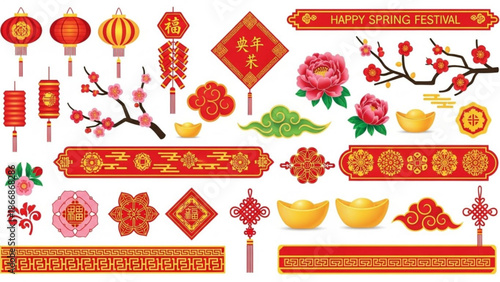 A vibrant collection of Chinese New Year icons and illustrations featuring lanterns, flowers, and gold coins