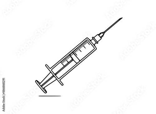 A detailed illustration of a medical syringe with needle on a white background for healthcare and medical concepts with injection and medicine and vector and line drawing