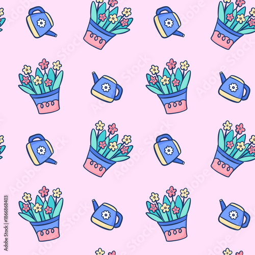 Cute Hand Drawn Floral Seamless Pattern with Potted Plants and Watering Can Illustration