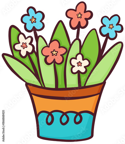 Cute Hand Drawn Potted Blue, Orange, and Cream Flowers with Green Leaves Illustration