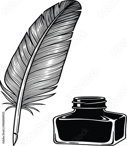 Hand drawn vintage quill pen and inkwell illustration in woodcut style for historical literature, legal signature, poetry writing, and old classic storytelling.