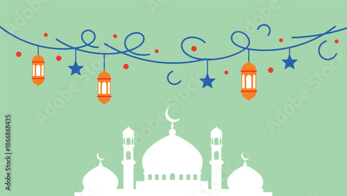 Ramadan vector illustration with mosque silhouette and festive lantern decorations