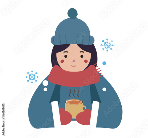 冬の休日にカフェでホットコーヒーを飲む女性。ホットドリンクを飲む。カフェラテを飲む。ベクターイラスト