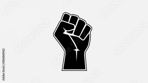 A black and white vector graphic of a raised fist in a powerful gesture