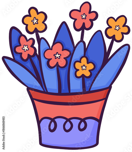Cute Hand Drawn Potted Red and Orange Flowers with Blue Leaves Illustration