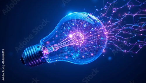 A transparent light bulb glowing with blue and purple neon, filled with digital network lines, floating on a dark blue background, symbolizing ideas, innovation, and future technology.