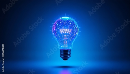 A transparent light bulb glowing with blue and purple neon, filled with digital network lines, floating on a dark blue background, symbolizing ideas, innovation, and future technology.