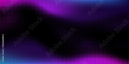 halftone gradient pattern graphic background. black dotted on blurred violet, purple, blue gradient background. pop Art blue pink halftone, comics Background.