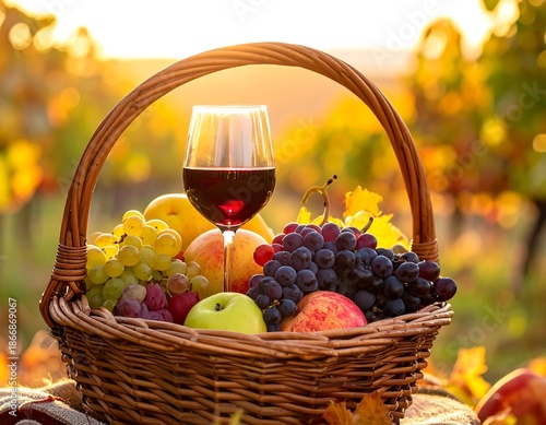 Woven basket filled with fresh fruit and glass of red wine at sunset