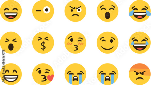 Large collection of yellow flat emoji face icons including happy, sad, angry, laughing, crying, and love expressions for social media and digital communication.