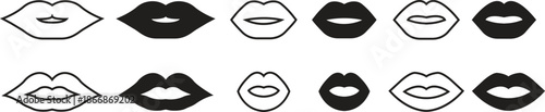 Lips mouth smile kiss icons set. Vectors graphic illustration depicting beauty makeup cosmetic salon minimalist black silhouette in flat and outline designs elements, female sexy fashion signs.