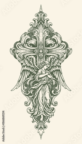 Ornate Angelic Cross with Winged Figure and Baroque Flourishes, Vintage Black and White Line Art Illustration