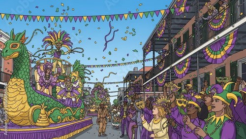 A vibrant illustration of a Mardi Gras parade with a colorful float and joyful crowd in purple, green, and gold