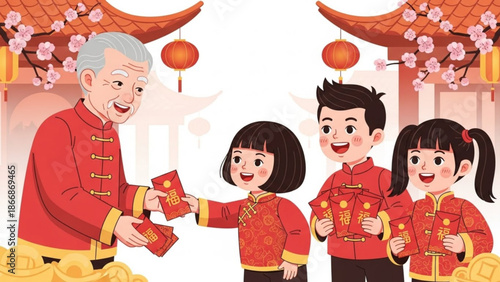 A cartoon illustration of a smiling elderly man giving red envelopes to three happy children in traditional Chinese clothing